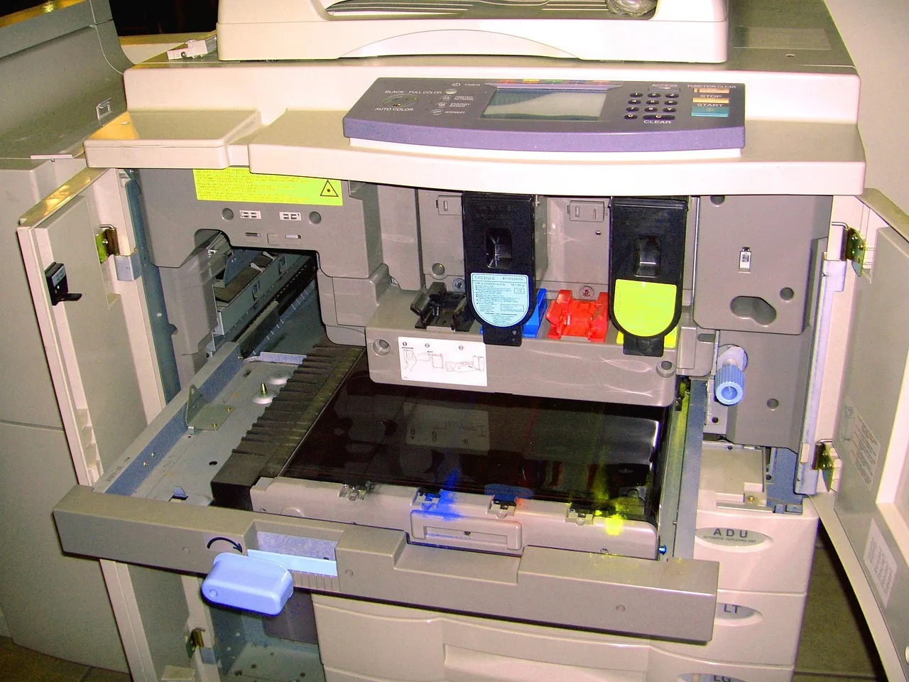 kopiator, inuti, toner, skrivare, utrustning, kontor, fotokopiering, maskin, underhåll, brun office, brun service